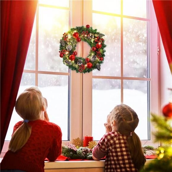 Christmas Wreath, 16 inch Artificial Wreath with Lights, for Front Door - Picture 2 of 7